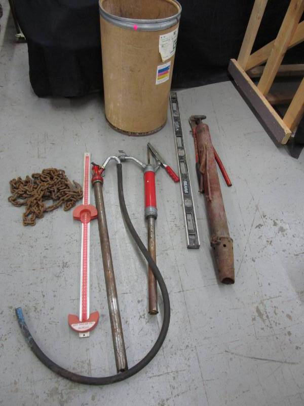 lot 121 image: 2 drum pumps, flame thrower, bolt cutter, log chain, and more