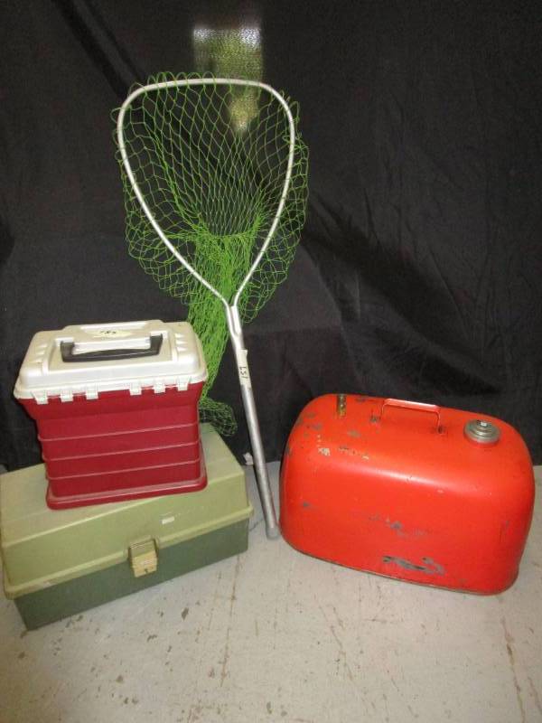 lot 129 image: 2 tackle boxes, outboard motor fuel tank and fishing net