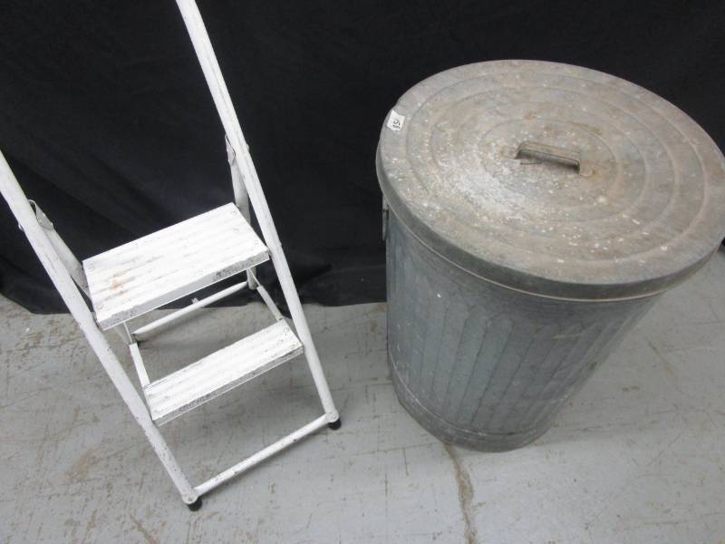 lot 161 image: steel foldable step stool and large metal trash can wlid
