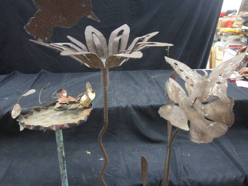 lot 166 image: metal art for the garden.  Butterfly, bird feeder, iron tricycle planter