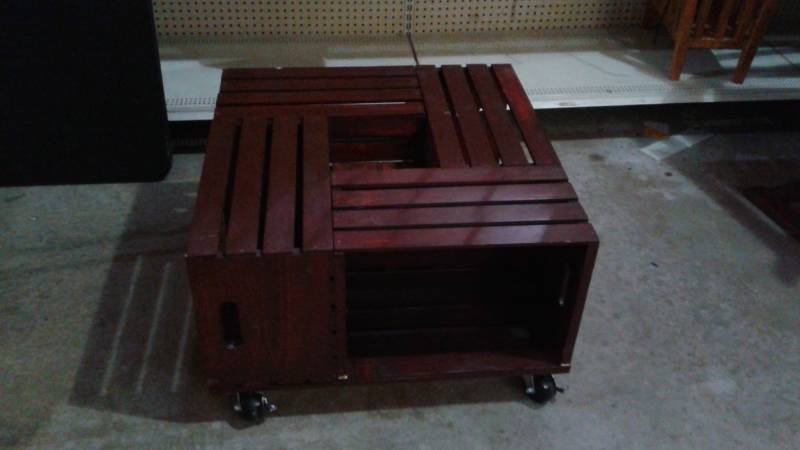 lot 8 image: Home Made Wood Crate Box Art Craft Rolling Coffee Table, Good Condition