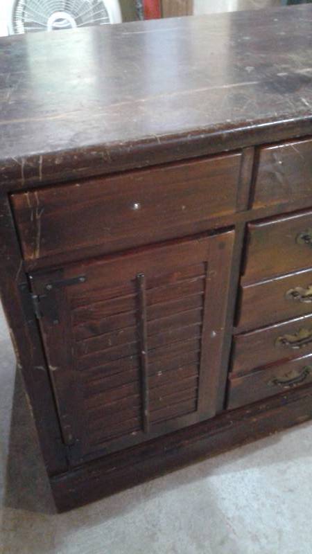 lot 14 image: Vintage Ethan Allen Dresser Cabinet, Used, Lots Of Wear, Scuffs, Scratches