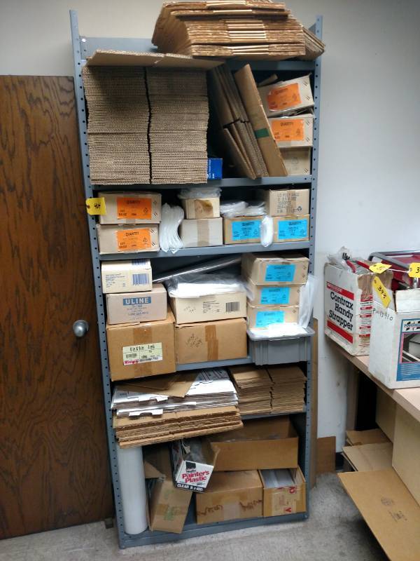 lot 404 image: Shelf with Boxes, Bags, Stretch Wra...