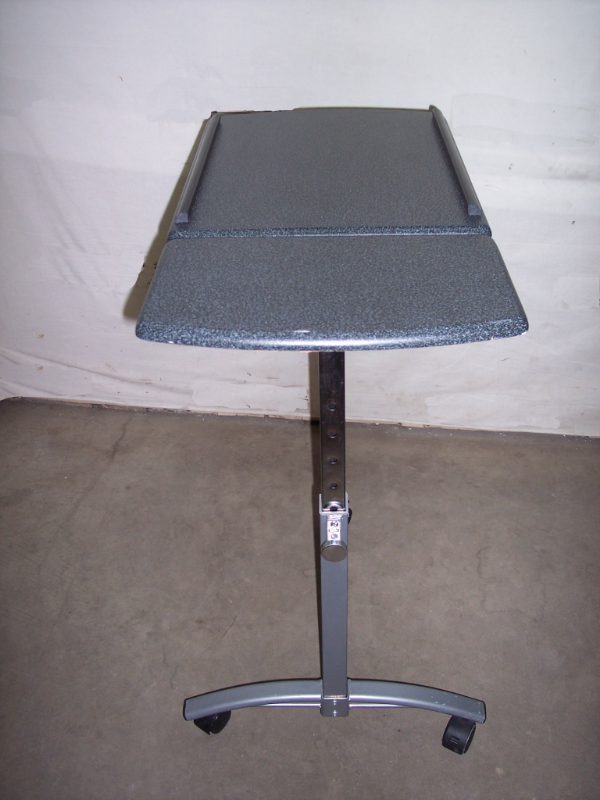lot 31 image: Rolling Adjustable Height Overbed Table Laptop Desk TV Tray Stand With Tilting Split Top Medical Multi-Purpose - Great Condition