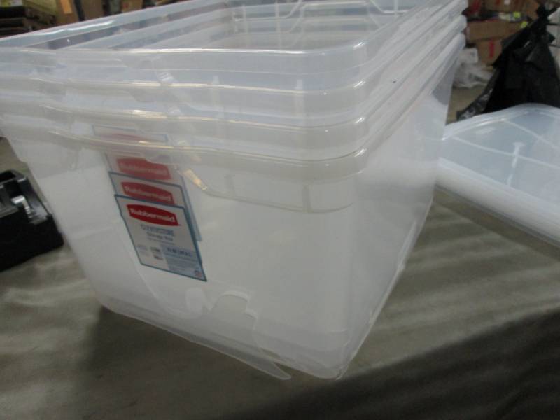 lot 153 image: Lot of 4 - 71 Qt Rubbermaid Storage...