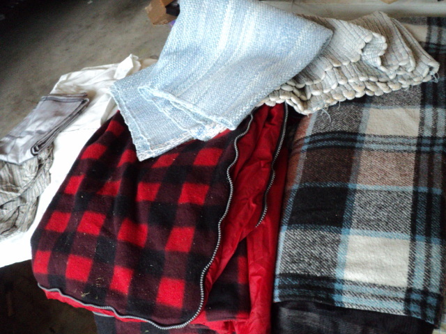 sleeping bag, blankets, pillow case...