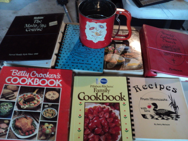 cookbooks, flour sifter, and sandwi...