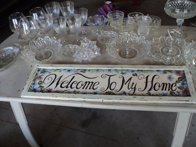 Welcome to my Home sign and glasswa...