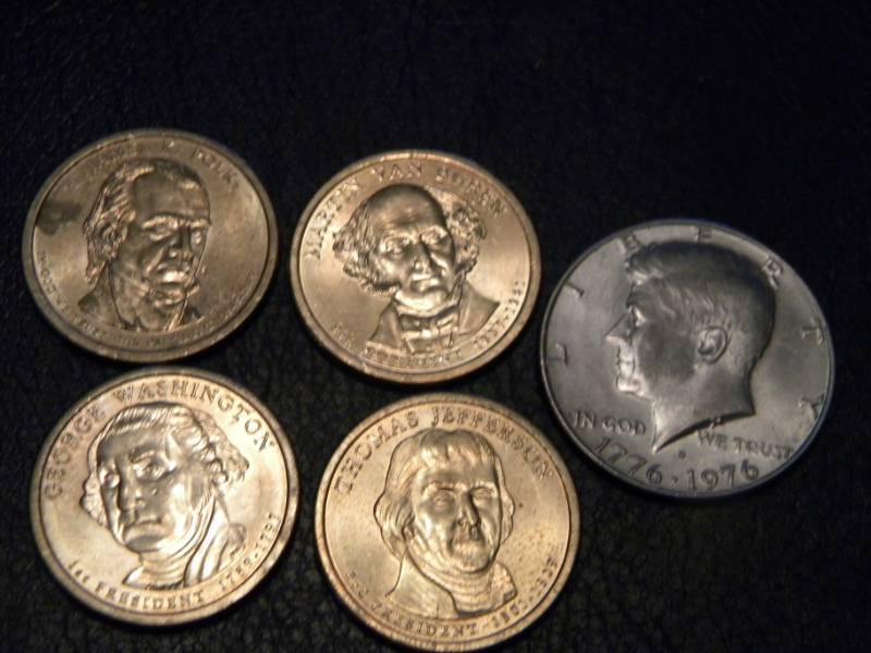 4 Presidential Dollars & Bicentennial Kennedy Half Dollar