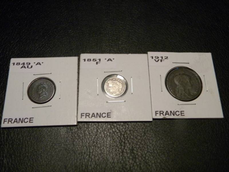 France 1849 A Centime, 1851 A 90% Silver 20 Cent & 1912 5 Cent