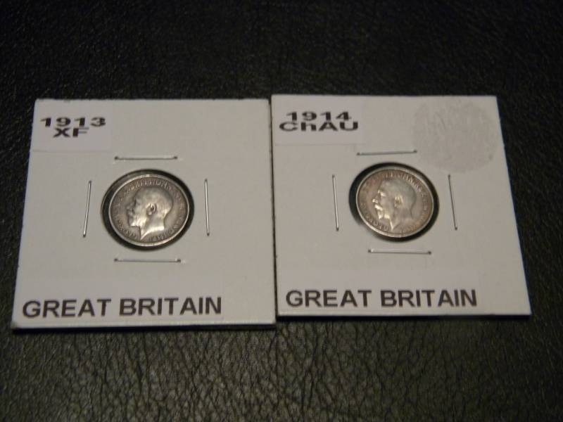 Great Britain 1913 & 1914 92.5% Silver 3 pence