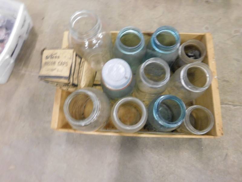 lot 119 image: Wooden Box with Mason Jars