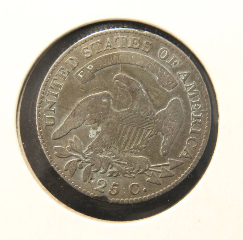 lot 09 image: 1818 US CAPPED BUST SILVER QUARTER VG (looks better in hand than picture portrays)