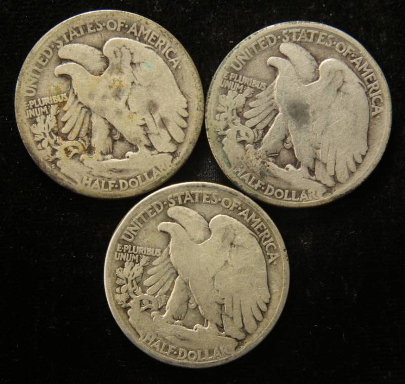 lot 45 image: (3) WALKING LIBERTY SILVER HALF DOLLARS 1919 1919-D 1919-S