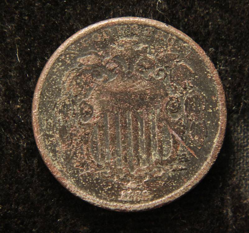 lot 66 image: 1868 US SHIELD NICKEL CORRODED