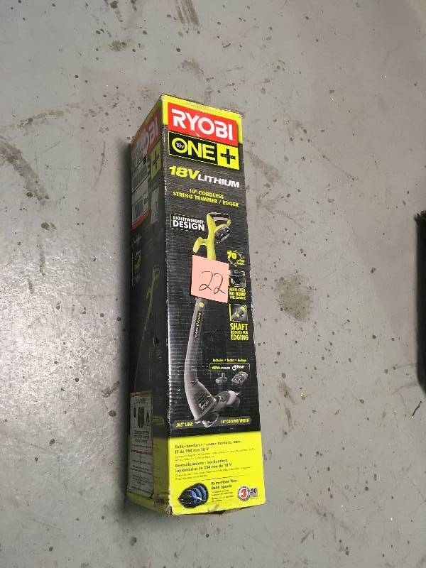lot 22 image: Ryobi ONE 18-Volt Lithium-Ion Electric Cordless String Trimmer and Edger  in working Condition