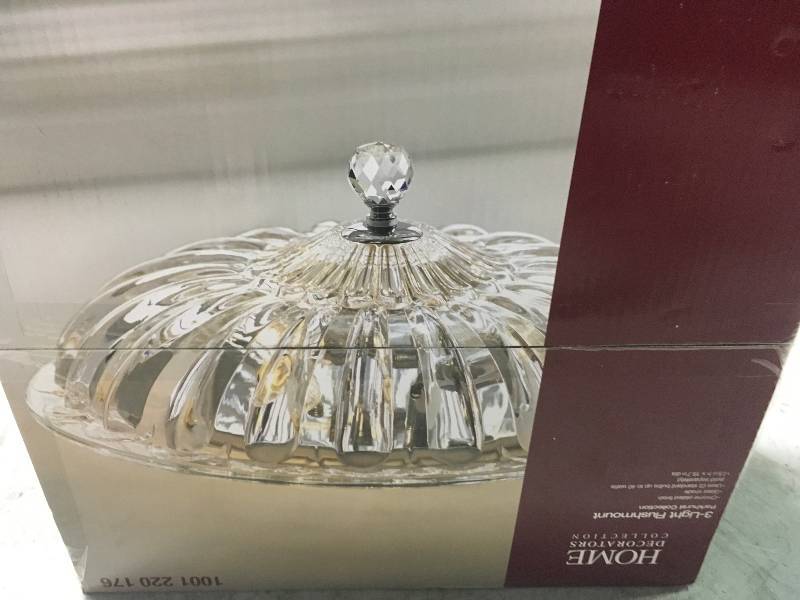 lot 29 image: Home Decorators Vintage Collection 15.75 in. 3-Light Chrome Flushmount with Glass Shade new