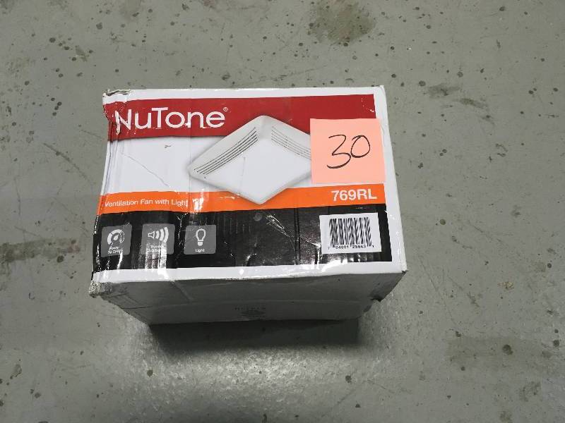 lot 30 image: Nutone 70 CFM Ceiling Exhaust Fan with Light, White Grille and Bulb in Good Condition