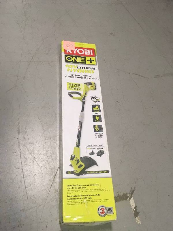 lot 45 image: Ryobi ONE 18-Volt Lithium-Ion Hybrid Electric Cordless String TrimmerEdger - 1.3 Ah Battery and Charger Included in Good Condition