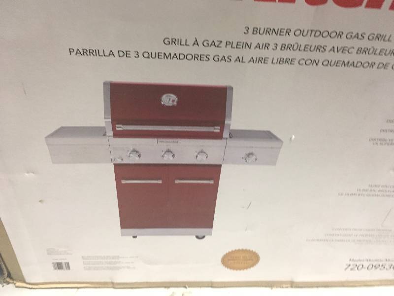 lot 48 image: KitchenAid 3-Burner Propane Gas Grill in Red with Ceramic Sear Side Burner in Good Condition