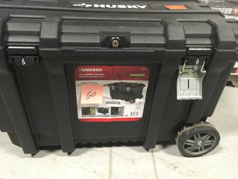lot 60 image: Husky 37 in. Mobile Job Box Utility Cart Black in Good Condition missing lachs