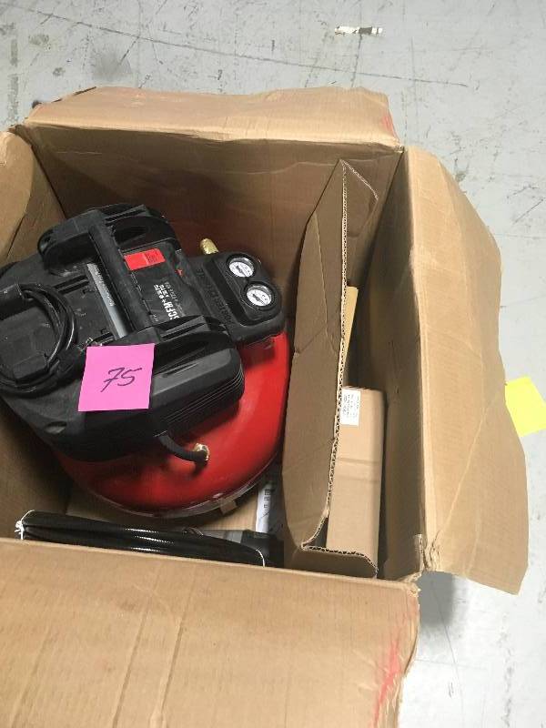 lot 75 image: Porter Cable 6 Gal. 150 PSI Portable Electric Air Compressor kit 3 tools in working Condition