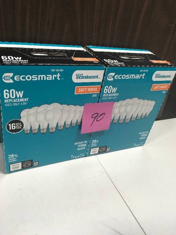 lot 90 image: Ecosmart 60-Watt Equivalent A19 Dimmable Eco-Incandescent Light Bulb Soft White (16-Pack) in Good Condition
