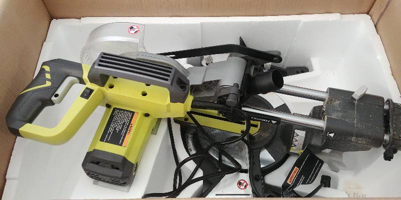 lot 5 image: Ryobi 7 14 Sliding Miter Saw, in box, tested.