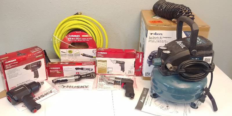 lot 26 image: Air Compressor, Husky 50 Air Hose PLUS Husky Air Tools