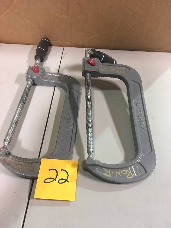 lot 22 image: Lot of 2 Husky 8 in. Quick Adjustable C-Clamp with Rubber Handle in good condition
