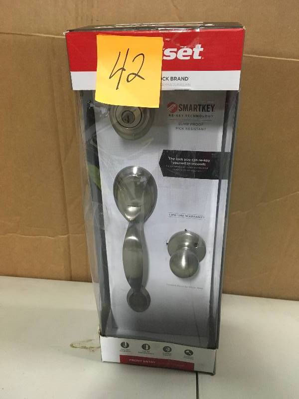 lot 42 image: Kwikset Dakota Satin Nickel Single Cylinder Door Handleset with Polo Knob Featuring SmartKey Security open box not used