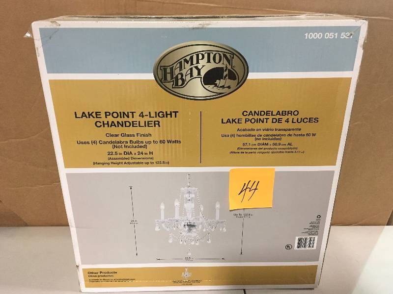 lot 44 image: Hampton Bay Lake Point 4-Light Chrome and Clear Crystal Chandelier new