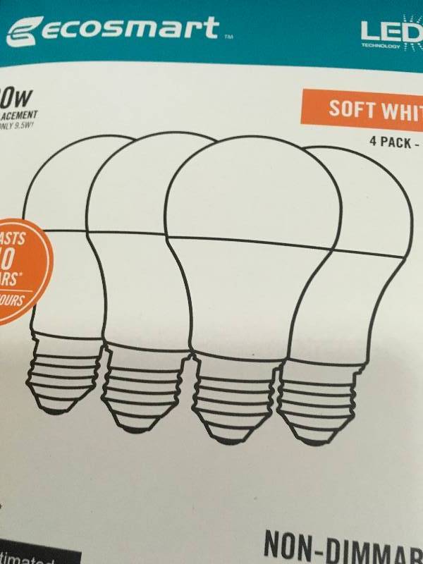 lot 80 image: Lot of 4 EcoSmart 60-Watt Equivalent A19 Non-Dimmable LED Light Bulb Soft White (4-Pack) New
