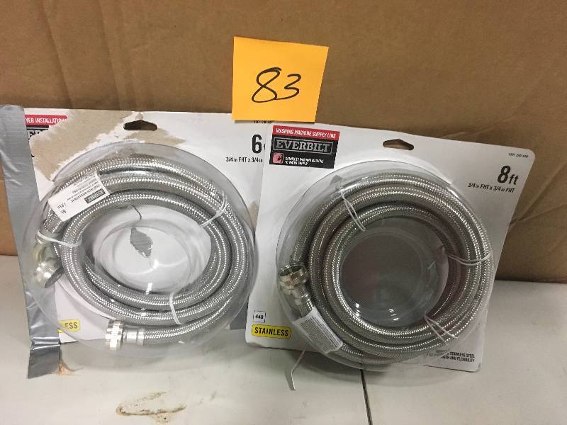 lot 83 image: Lot of 2 Everbuilt 34 in x 34 in x 96 in Stainless Steel Washing Machine Hose not used