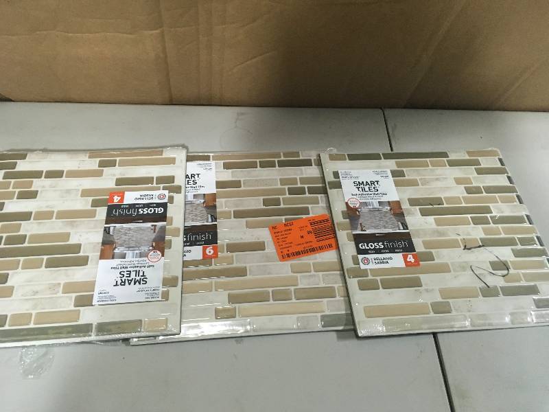 lot 84 image: Lot of 3 Smart Tiles Bellagio Sabbia Multi 10.06 in. W x 10 in. H Peel and Stick Decorative Mosaic Wall Tile Backsplash (4-Pack) not used
