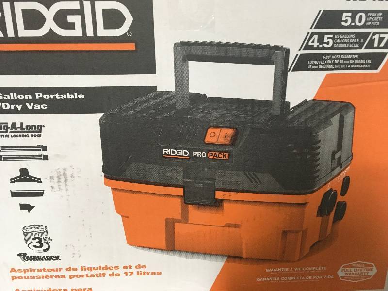 lot 109 image: Ridgid 4.5 gal. 5.0-Peak HP Pro Pack Wet Dry Vac WD4522 in like new condition