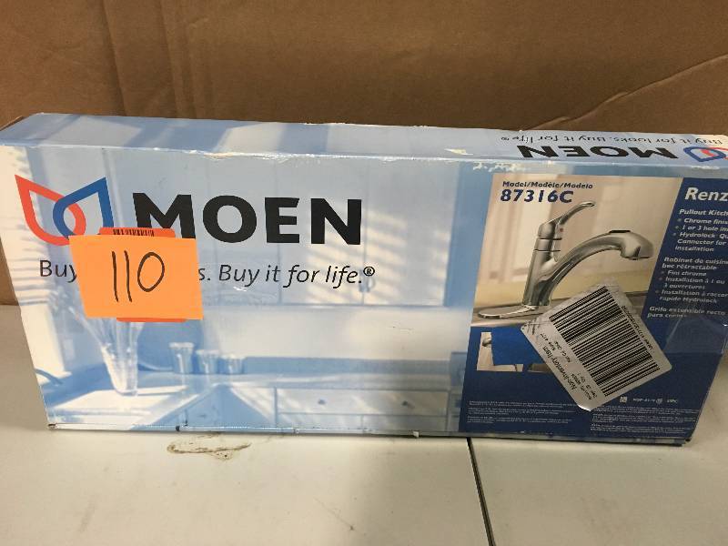 lot 110 image: Moen 87316C Renzo Single Handle Pullout Kitchen Faucet open box not used