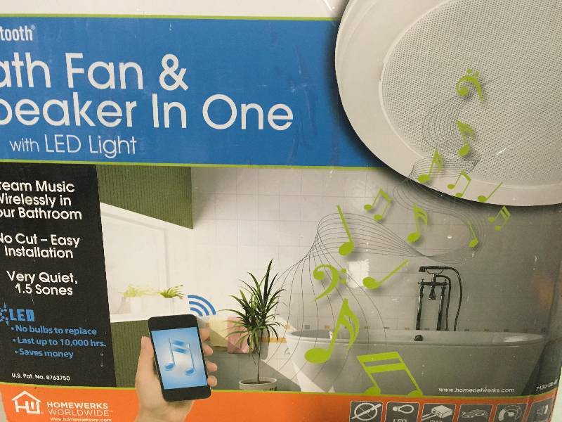 lot 111 image: Home Netwerks Decorative White 70 CFM Bluetooth Stereo Speaker Exhaust Bathroom Exhaust Fan with LED Light open box not used