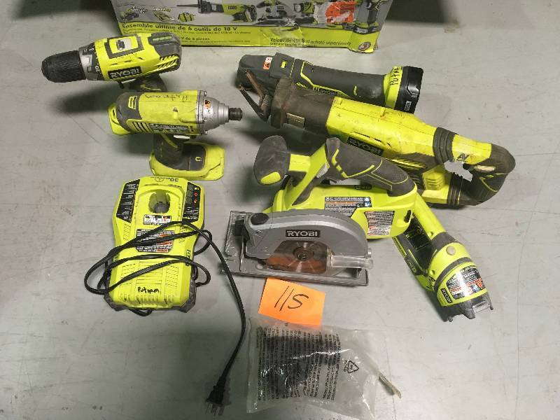 lot 115 image: Ryobi 18-Volt ONE Cordless Lithium Ion 6-Tool Combo Kit with (2)  Batteries, Charger, used all in working condition