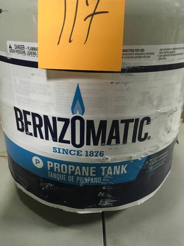 lot 117 image: Bernzomatic 20 lb. Empty Propane Tank - small bent on top see pictures