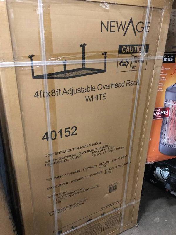 lot 143 image: NewAge Products Performance 96 in. L x 48 in. W x 42 in. H Adjustable VersaRac Ceiling Storage Rack in White not used