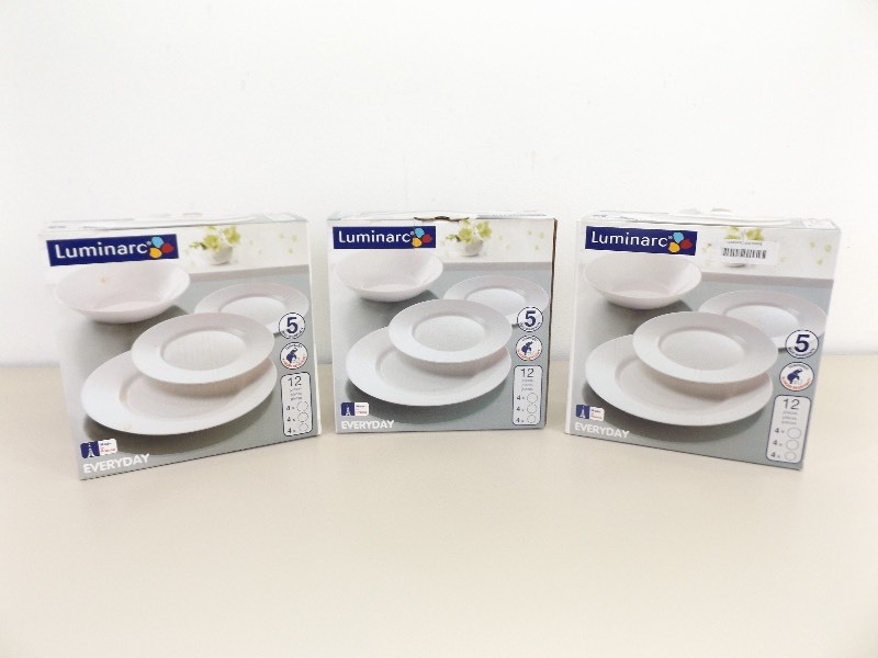 lot 18 image: 3 New in Box Luminarc 12 Piece Everyday Dish Sets
