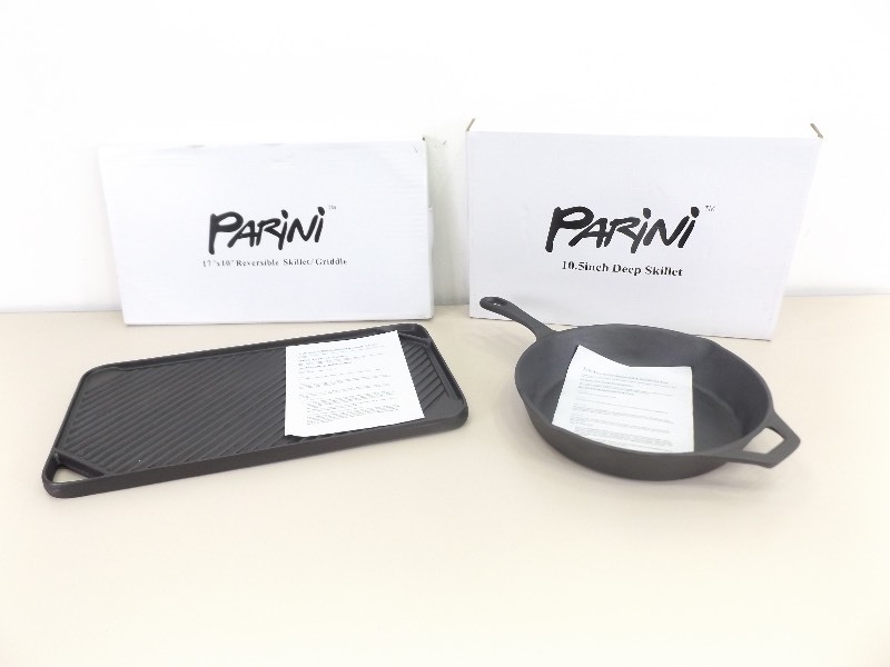 lot 21 image: 2 New in Box Parini Cast Iron Skillet and Griddle