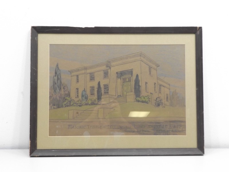 lot 26 image: Framed 1928 Drawing of The North St. Paul Masonic Temple-Fellowship Lodge No. 257