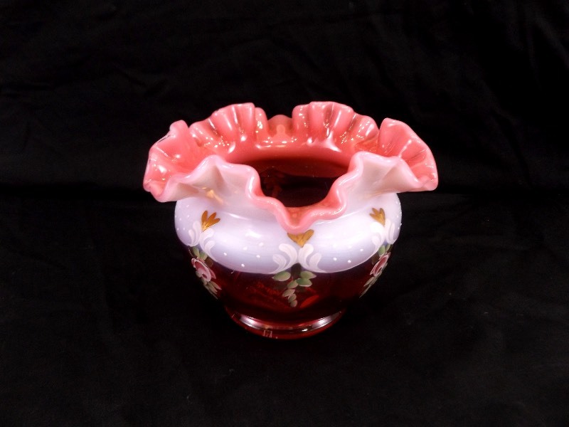 lot 5 image: Vintage Hand Painted Fenton Charleton Collection Signed Cranberry Vase
