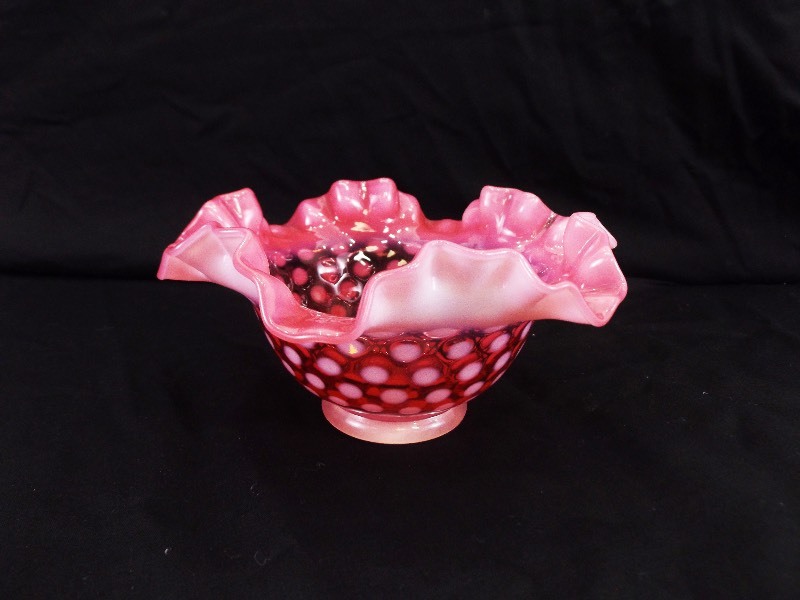 lot 6 image: Vintage Fenton Cranberry Pink and White Opalescent Ruffled Glass Bowl