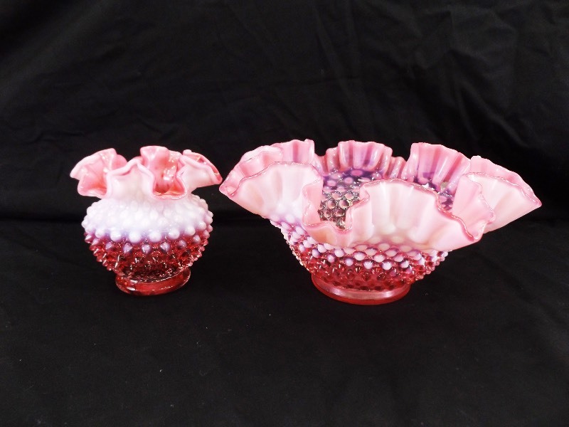 lot 7 image: Vintage Fenton Cranberry Pink and White Opalescent Hobnail Ruffled Glass Vase and Bowl