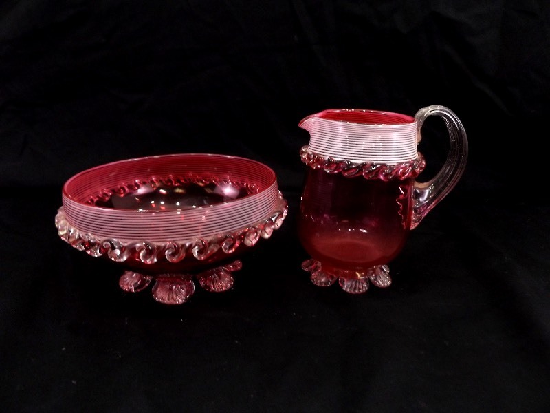 lot 9 image: Vintage Hand Blown Cranberry Glass Pedestal Bowl and Creamer