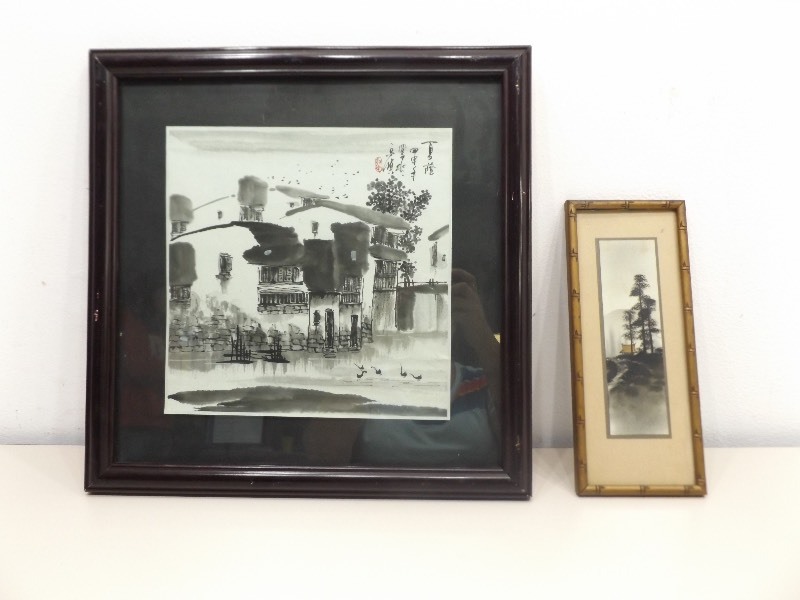 lot 33 image: 2 Vintage Framed Japanese Watercolor Landscape Paintings
