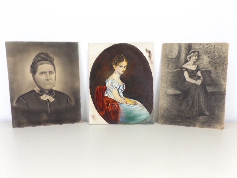 lot 35 image: 3 Antique Portrait PaintingsChalk Drawings